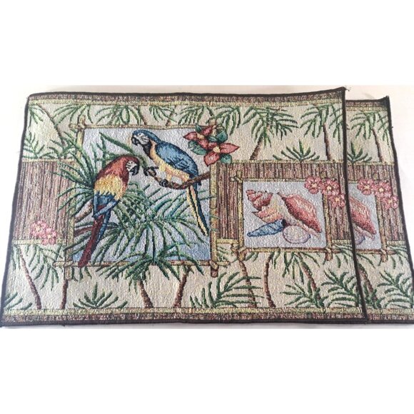 Tapestry Parrot Placemats Set of 2 Seashells Tropical Bamboo Beach House 12x18 - Picture 1 of 3